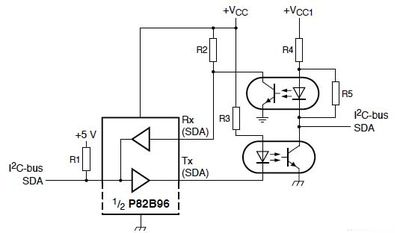 Bidirektionale galvanische Trennung
aus Datenblatt zum P82B96 (Dual bidirectional bus buffer)
